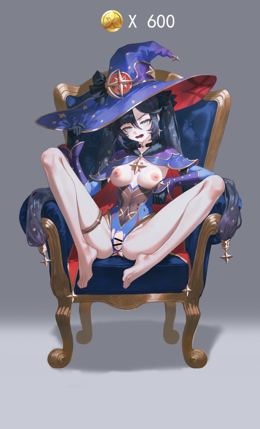 absurdres bare_legs barefoot black_choker black_gloves black_hair blue_leotard breasts capelet censor_bar censored chair choker coin crotch female full_body fur-trimmed_capelet fur_trim genshin_impact gloves gold_coin gold_trim green_eyes grey_background groin hat highres implied_prostitution jewelry leotard long_hair looking_at_viewer medium_breasts mona_(genshin_impact) mora_(genshin_impact) pussy solo spread_legs thighlet torn_clothes torn_leotard twintails very_long_hair witch_hat yeao951038794