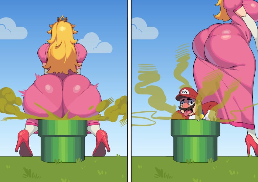 1boy 1girls asolhoe blonde_female blonde_hair blonde_hair_female fart fart_fetish fart_torture farting fat_ass female gassy gassy_female grass huge_ass human large_ass light-skinned_female light_skin male mario mario_(series) nintendo princess_peach royalty video_games warp_pipe