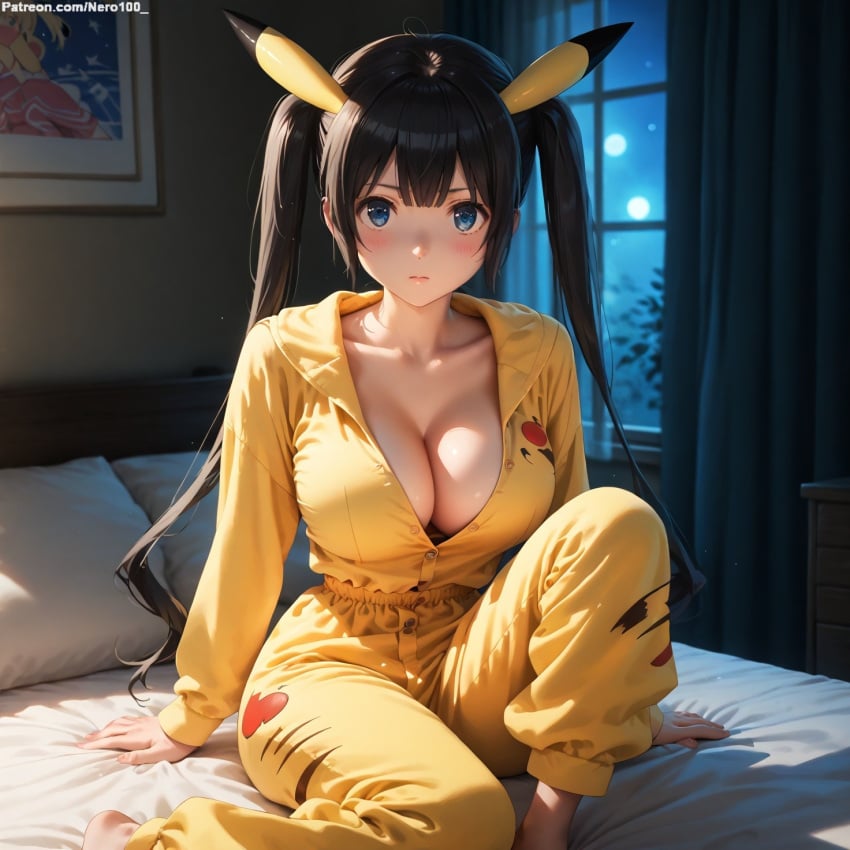 1girls 2d ai_generated areolae armpit bare_arms bare_legs bare_shoulders belly big_breasts black_hair blue_eyes bob_cut breasts_bigger_than_head cameltoe chest cleavage curvy curvy_figure cute cute_face detailed dungeon_ni_deai_wo_motomeru_no_wa_machigatteiru_darou_ka eyelashes eyeshadow female female_only fit fit_female focus grey_hair hair hestia_(danmachi) high_quality huge_breasts large_breasts legs light-skinned_female light_skin lips lipstick long_hair looking_at_viewer makeup mascara nero100 onesie pajamas pale-skinned_female pale_skin petite petite_body pikachu_(cosplay) posing seductive seductive_look sitting stable_diffusion surprised tagme teenager thighs thin_waist twintails young