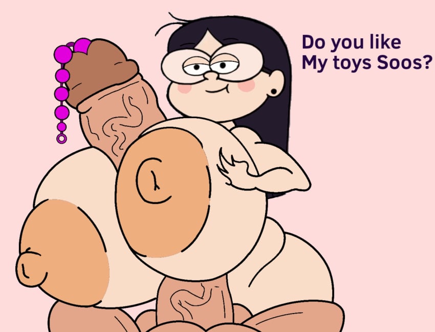 1boy 1girls bedroom_eyes black_hair candy_chiu completely_nude dialogue edit english_text female_focus femdom glasses gravity_falls huge_ass huge_breasts huge_cock huge_nipples looking_at_viewer nut-master nut-master_(artist) paizuri small_but_busty soos_ramirez urethral_beads urethral_insertion veiny_penis