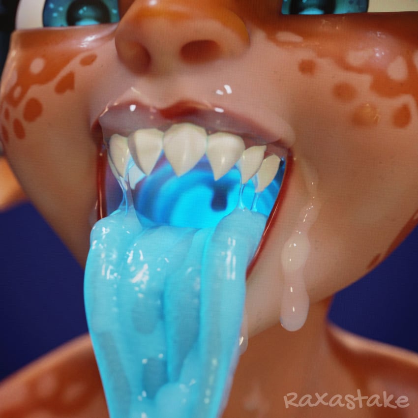 3d 3d_(artwork) blue_eyes blue_tongue cum cum_on_chin cum_on_face cum_on_lips cum_on_teeth cum_on_tongue female female_only glowing_eyes glowing_throat glowing_tongue imp internal_glow open_mouth orange_skin raxastake red_lipstick sharp_teeth simple_background teeth throat tongue_out