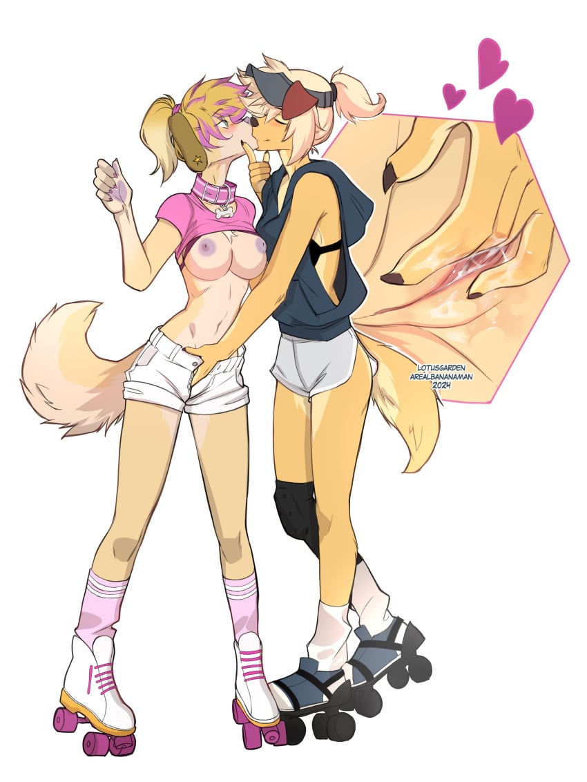 2024 2d 2girls absurd_res anthro blush bodily_fluids bottomwear bra breasts canid canine canis clothed clothing collar digital_media domestic_dog duo exposed_breasts female female/female female_only finger_fuck fingering frori fur furry genital_fluids hair hi_res izzy_(abananaman) kissing knee_pads lesbian_sex lotusgarden mammal raised_clothing raised_topwear roller_skates shorts simple_background tail topwear underwear vaginal_fluids vaginal_penetration white_background yuri