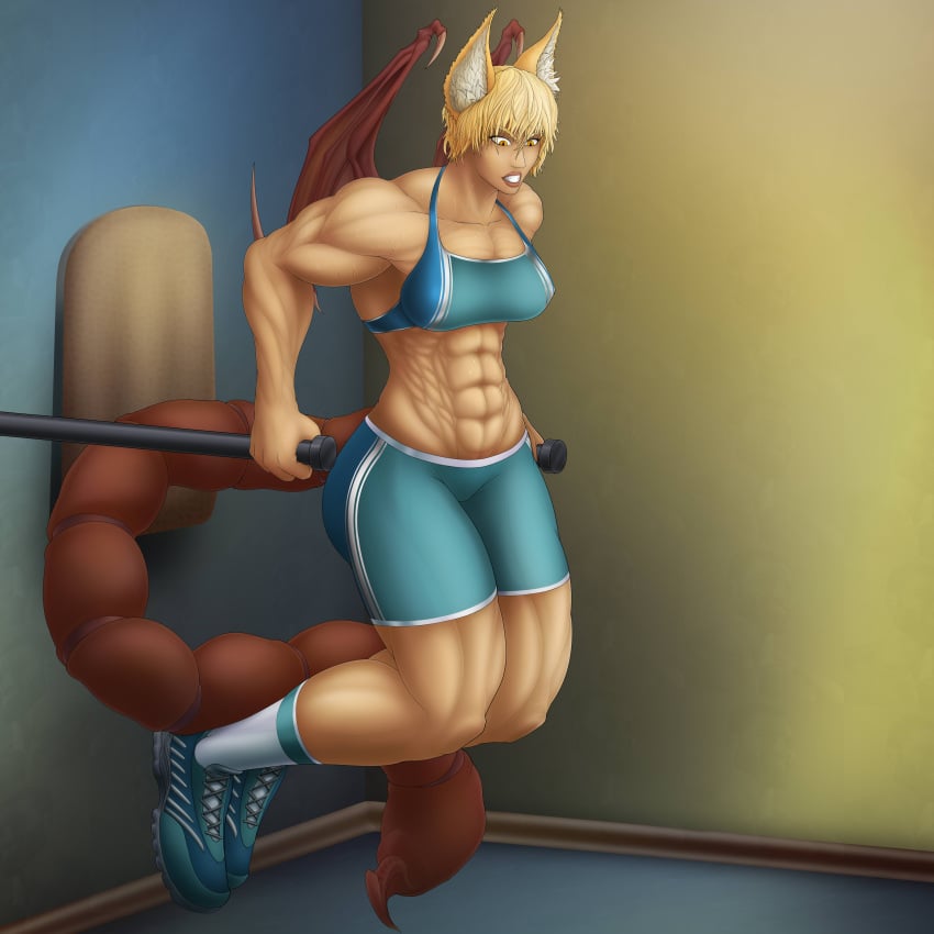 abs absurd_res athletic athletic_female back_muscles biceps big_muscles big_nipples big_pecs blonde_hair breasts cat_ears craaabe gym_clothes manticore monster_girl muscular_female nipple_bulge nipples ripped small_breasts sportswear toned toned_body triceps