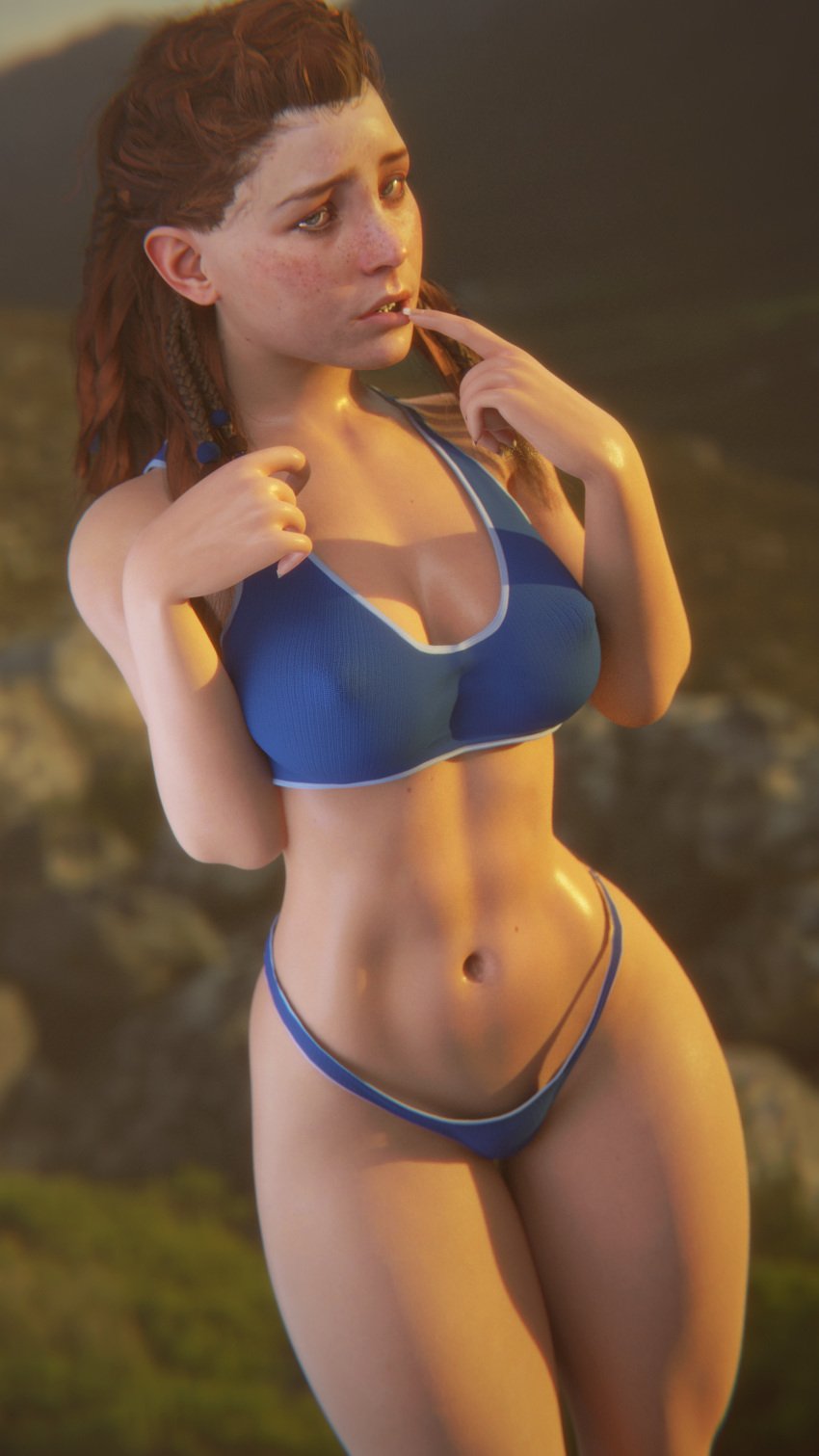 1girls 3d 3d_(artwork) 3d_background 3d_model aloy athletic athletic_female clothed clothed_female female female_only freckles freckles_on_face guerilla_games horizon_forbidden_west horizon_zero_dawn lingerie lingerie_only long_hair naughty_face nubottle outdoors red_hair red_hair redhead_female seducing seductive seductive_body seductive_gaze seductive_look seductive_pose slim slim_girl sony_interactive_entertainment sports_bikini sports_panties sports_uniform standing