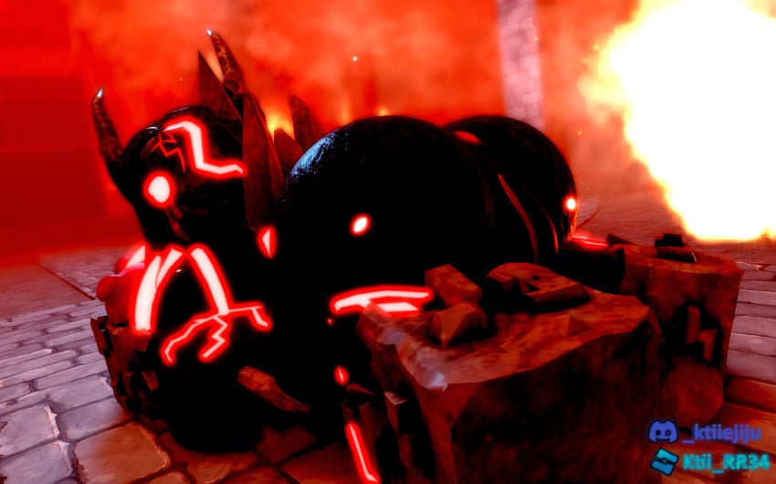 3d anus ass big_ass big_breasts black_body black_hair breasts calamity_(tower_defense_x) eyes female fire hell ktiiejiju_(artist) naked pose pussy red_anus red_eyes red_nipples red_pussy roblox roblox_game robloxian stone stone_floor strong thighs tower_defense_x