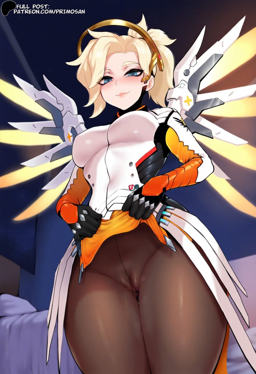 ai_generated blonde_hair blue_eyes closed_mouth from_below gloves hair_ornament hi_res highres large_breasts looking_at_viewer mature_female mercy overwatch overwatch_2 pantyhose pelvic_curtain pussy_juice short_hair smile standing uniform wet_pussy wings