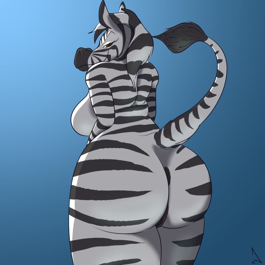 1:1 2025 anthro anus ass big_butt biped black_stripes breasts equid equine eyebrows female genitals hi_res looking_at_viewer looking_back looking_back_at_viewer mammal medium_breasts nude pussy raevild raised_tail rear_view simple_background solo striped_body stripes tail tail_tuft tuft white_body zebra