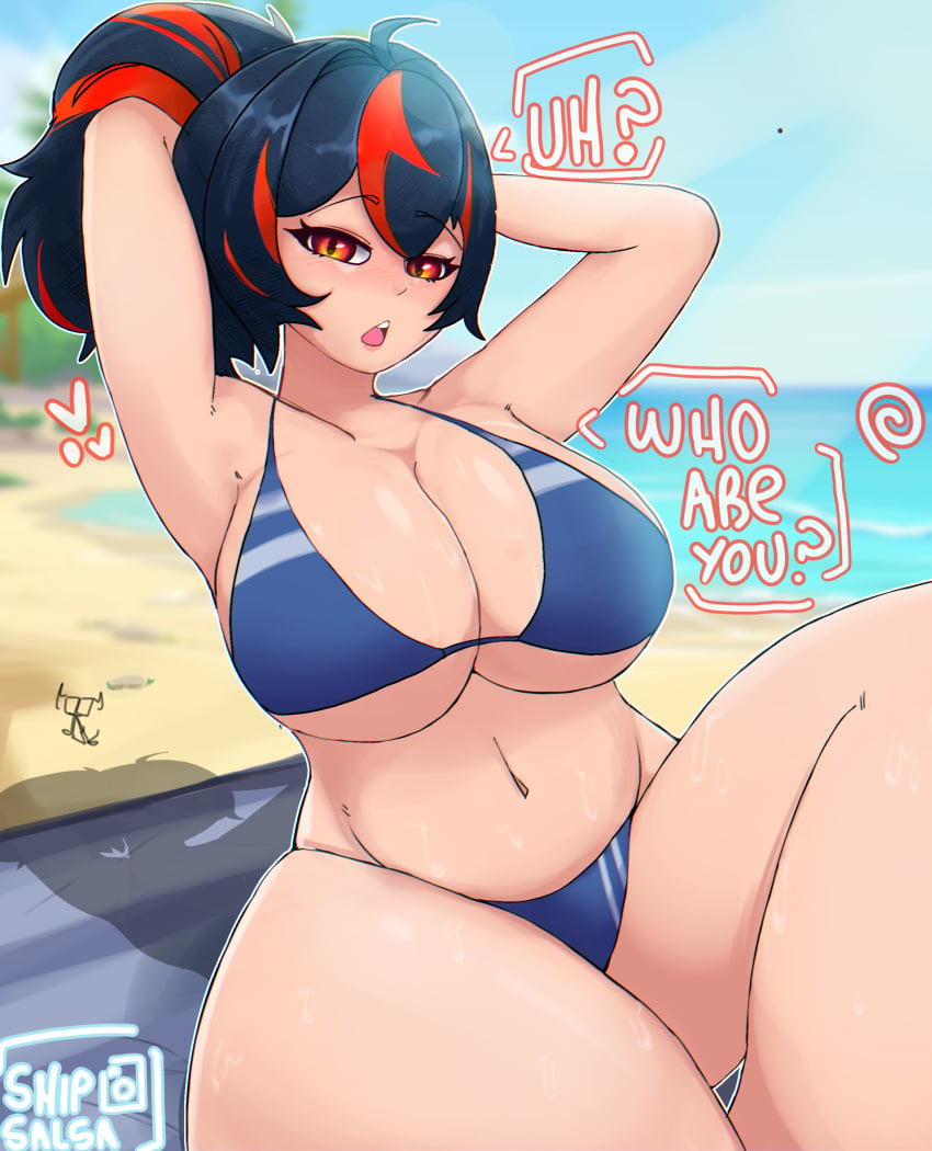 beach big_ass big_breasts big_butt big_thighs bikini blue_bikini police red_eyes red_hair ship_master zenless_zone_zero zhu_yuan zzz