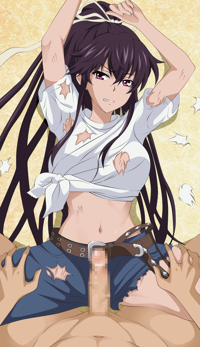 1boy 1girls absurdres arms_up asymmetrical_clothes belt black_hair breasts brown_belt censored clenched_teeth clothed_female_nude_male commission female hair_between_eyes hair_ribbon highres imminent_penetration imminent_rape kanzaki_kaori kiniro_tofu large_breasts long_hair lying male male/female more_at_source mosaic_censoring navel nude on_back penis ponytail pov purple_eyes ribbon shirt single_pantsleg straight teeth tied_shirt to_aru_majutsu_no_index torn_clothes torn_shirt very_long_hair white_shirt