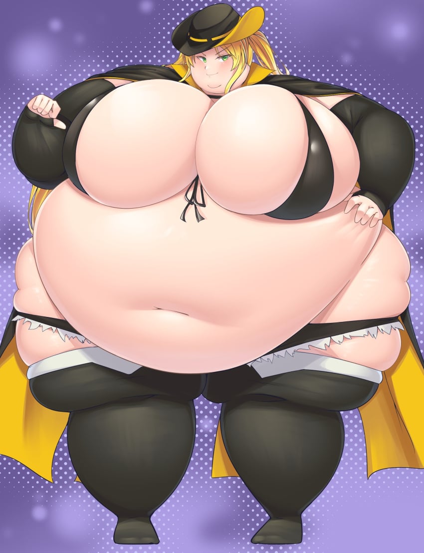 1girls 2022 absurd_res azur_lane bbw belly belly_overhang blonde_hair breasts fat fat_belly female female_focus gigantic_breasts green_eyes hand_on_hip hat hornet_(azur_lane) huge_belly huge_breasts huge_thighs obese obese_female onehaunt short_shorts shorts solo solo_female solo_focus thick_thighs thighs