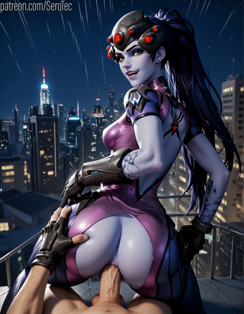 1female 1girls 2d ai_generated anal anal_sex ass ass_grab blue_hair blue_skin detailed_female female from_behind from_behind_position girl headgear hi_res high_resolution highres long_ponytail male male_pov medium_breasts overwatch pony_diffusion_xltasy ponytail pov pov_hands purple_skin reverse_cowgirl_position serotec smile straight tall_female turning_head widowmaker yellow_eyes