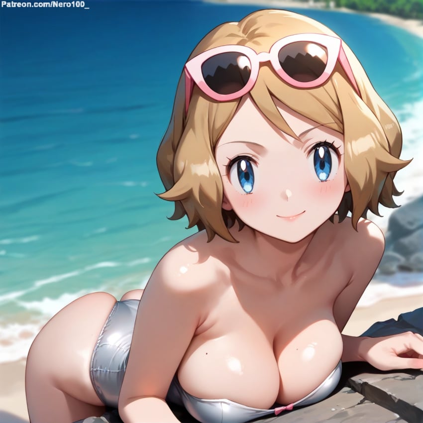 1girls 2d ai_generated areolae armpit bare_arms bare_legs bare_shoulders beach belly big_breasts blonde_hair bob_cut breasts_bigger_than_head cameltoe chest cleavage creatures_(company) curvy curvy_figure cute cute_face detailed eyelashes eyeshadow female female_only fit fit_female focus game_freak grey_hair hair high_quality huge_breasts large_breasts legs light-skinned_female light_brown_hair light_skin lips lipstick looking_at_viewer makeup mascara medium_breasts medium_hair nero100 nintendo outdoors outside pale-skinned_female pale_skin perky_breasts petite petite_body pokemon pokemon_masters pokemon_xy posing seductive seductive_look serena_(pokemon) serena_(pokemon_games) short_hair stable_diffusion swimsuit swimwear tagme teenager thighs thin_waist twintails