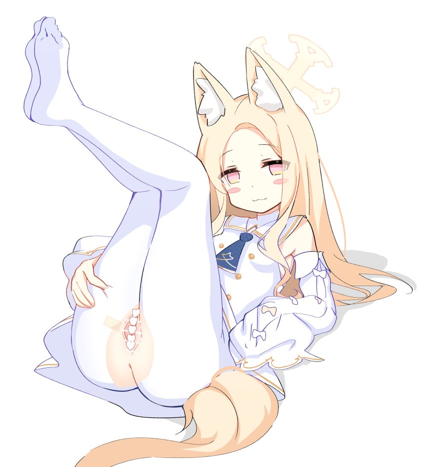 :3 absurdres animal_ears anus bare_shoulders blonde_hair blue_archive blush_stickers censored closed_mouth detached_sleeves dilation_tape dress female fox_ears fox_girl fox_tail full_body half-spread_pussy heart heart_censor highres legs_up long_hair long_sleeves lying n3moni no_shoes on_back pantyhose pink_eyes seia_(blue_archive) simple_background sleeveless sleeveless_dress soles solo spread_pussy tail tape torn_clothes torn_pantyhose white_background white_dress white_pantyhose young