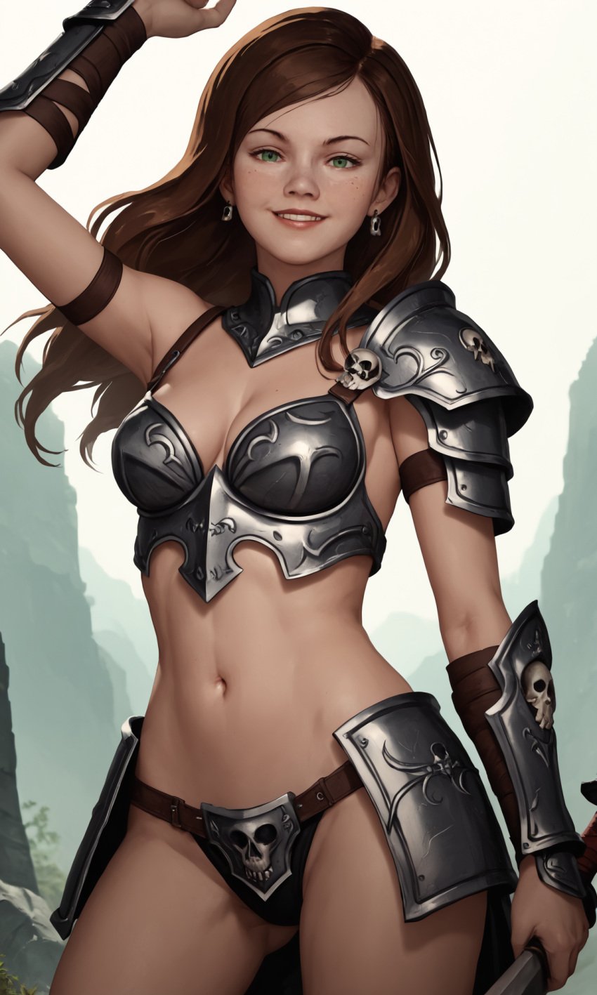 ai_generated armor brown cleavage earrings eyes female green hair hitman looking_at_viewer medium_breasts navel smile sword victoria_burnwood weapon