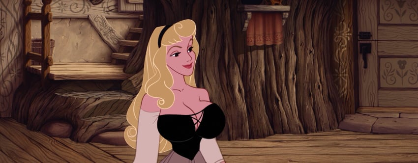 aurora_(sleeping_beauty) bedaxe big_breasts blonde_hair breasts cleavage disney disney_princess edit female female_only large_breasts lipstick long_hair nonude princess royalty screenshot screenshot_edit sleeping_beauty_(1959_film) smile