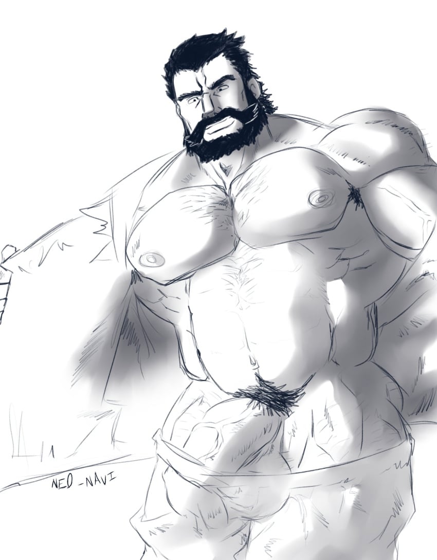 balls bara beard big_penis facial_hair flaccid male male_only monochrome muscles muscular ne0_navi penis solo solo_male