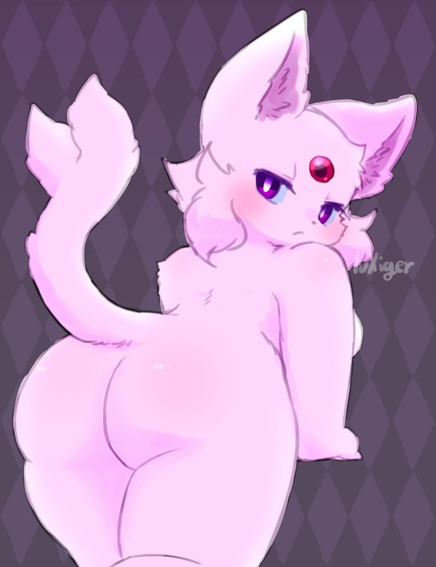 1girls 2023 :&lt; absurd_res anthro ass big_butt biped blue_sclera blush breasts cheek_tuft colored digital_media_(artwork) eeveelution espeon eyelashes facial_tuft felid feline female female_anthro fluffy fluffy_tail forehead_gem forked_tail fur gem generation_2_pokemon hi_res kemono leaning leaning_forward looking_at_viewer looking_back looking_back_at_viewer luxiger mammal monotone_body monotone_fur monotone_tail nintendo nude pattern_background pink_body pink_ears pink_fur pink_inner_ear pink_tail pokemon pokemon_(species) pokemorph portrait presenting presenting_hindquarters purple_background purple_eyes raised_tail rear_view shaded short_stack signature simple_background solo standing tail thick_thighs three-quarter_portrait three-quarter_view tuft unusual_anatomy unusual_tail wide_hips