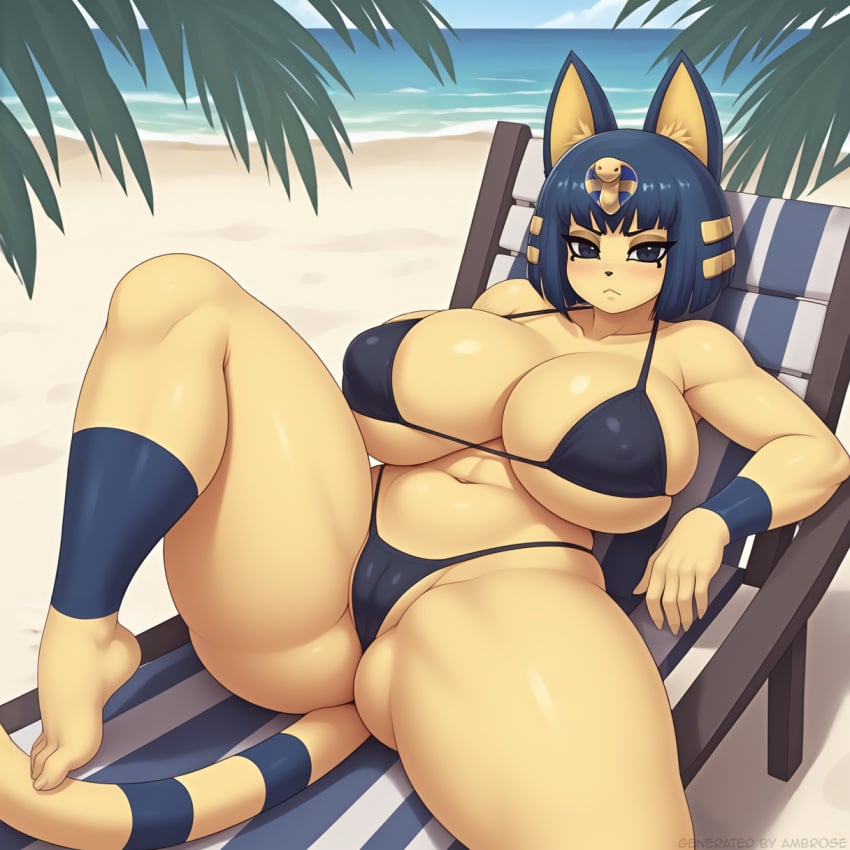 1girls ai_generated ambrose animal_crossing ankha anthro beach beach_chair bikini black_eyes blue_hair bob_cut cameltoe feline furry huge_ass huge_breasts laying_down legs_spread relaxing self_upload stable_diffusion thick_thighs wide_hips yellow_fur