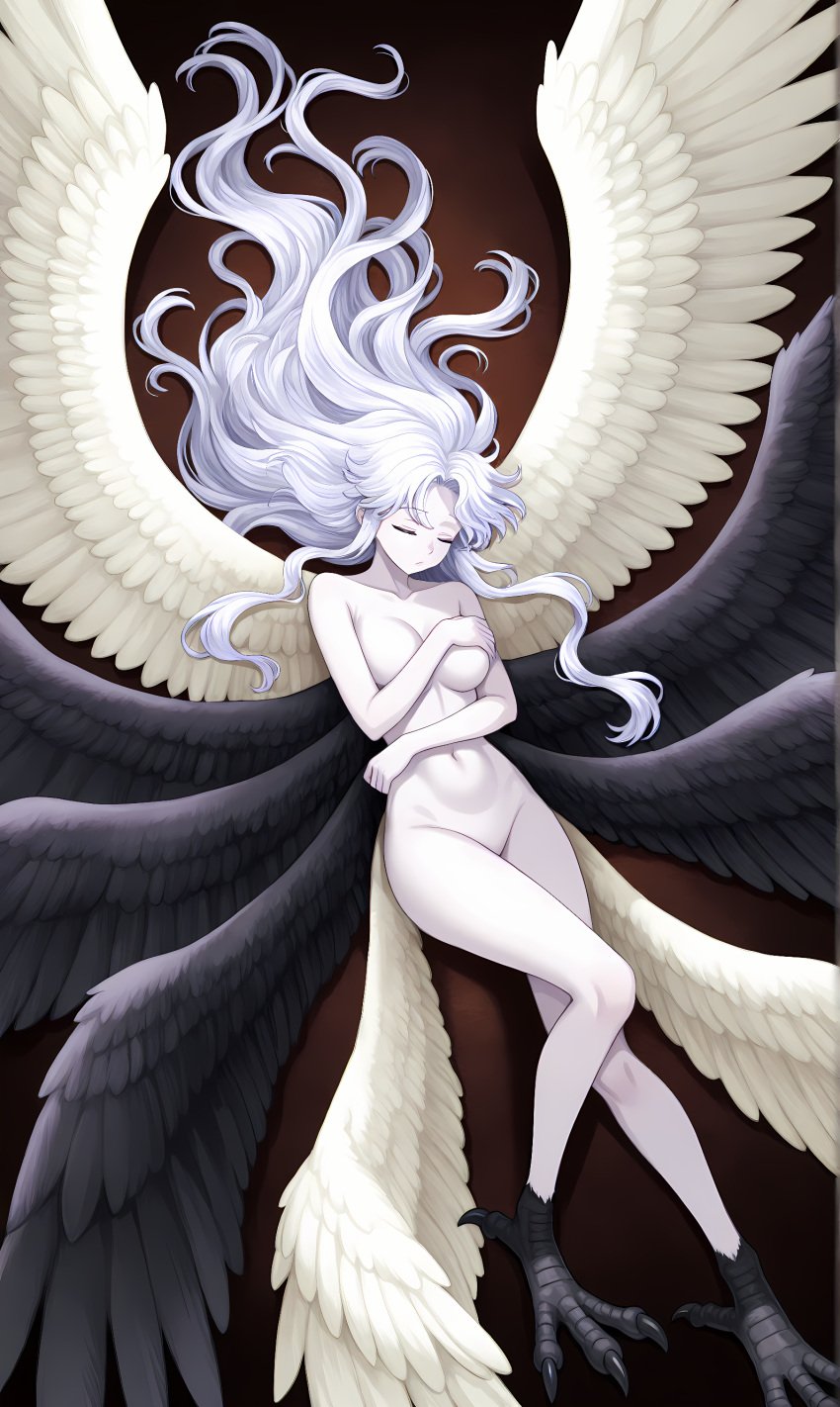 10_wings ai_generated angel angel_girl angel_wings angelic bird_feet closed_eye closed_eyes convenient_censorship long_hair long_white_hair messy_hair multiple_wings nude nude_female oc original_character painting pale pale-skinned_female pale_skin pale_skinned_female wavy_hair white_hair white_hair_female wings