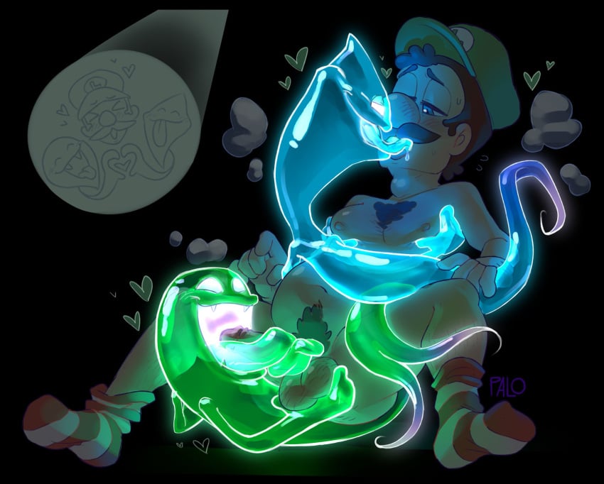 1boy balls black_background blowjob blue_body body_hair brown_hair chest_hair erection facial_hair french_kissing gay genitals ghost glowing green_body green_hat greenie hat humanoid interspecies kissing looking_at_another luigi luigi's_mansion male male_only mario_(series) musk musk_clouds nintendo non-human nude nude_male open_mouth paiomime penis pubic_hair sitting tongue tongue_out toony