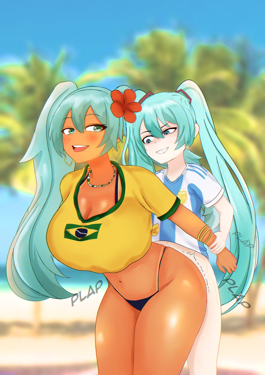 1futa 1girls argentinian_miku big_breasts blue_hair brazilian_miku dark-skinned_female dark_skin dickgirl female futa_on_female futanari green_hair hatsune_miku huge_breasts implied_futanari kanikamidesu light-skinned_futanari light_skin long_hair small_breasts vocaloid