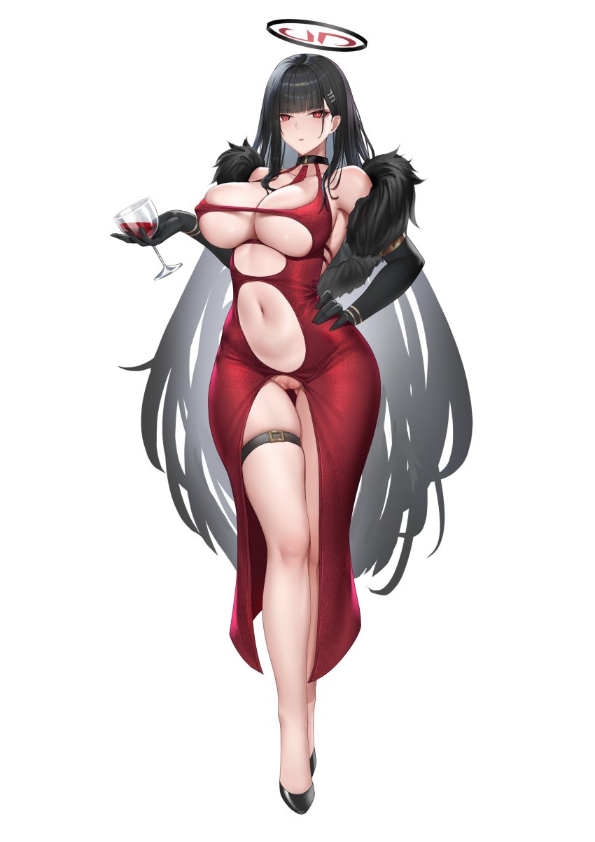 1girls absurdres alternate_costume belt black_choker black_footwear black_gloves black_hair blue_archive breasts choker clothing_cutout cup dress drinking_glass elbow_gloves female female_only full_body gloves halo hand_on_own_hip highres holding holding_cup large_breasts long_hair navel red_dress red_eyes rio_(blue_archive) shuiruoqing simple_background solo solo_female standing thigh_belt thigh_strap underboob white_background