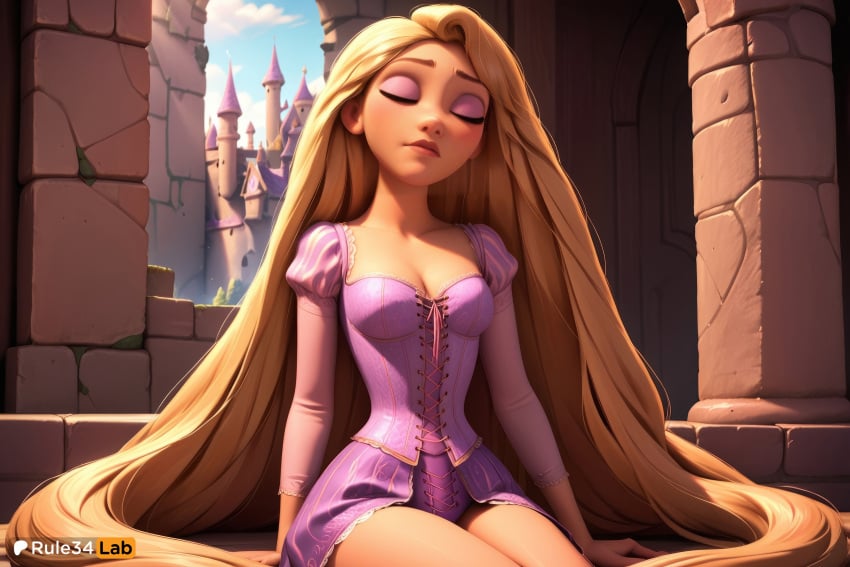 1girls ai_generated artist_name blonde_hair breasts castle cleavage closed_eyes closed_mouth cloud collarbone corset day disney disney_princess dress eyeshadow hi_res juliet_sleeves lips long_hair long_sleeves makeup mascara medium_breasts outdoors puffy_sleeves purple_dress rapunzel rapunzel_(tangled) rule34lab sitting sky solo tangled very_long_hair watermark