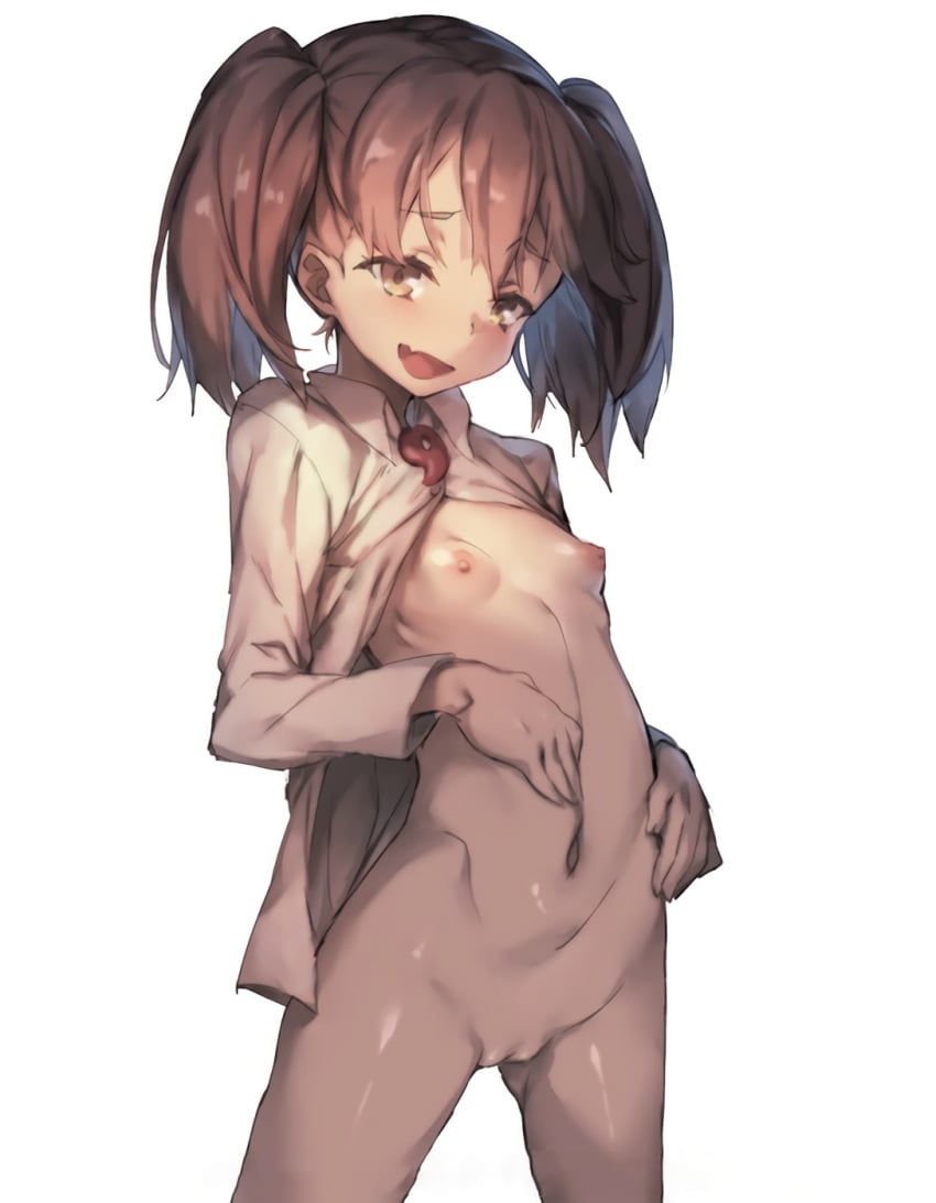 :d archway_of_venus bottomless breasts brown_eyes brown_hair cowboy_shot female female_only hand_on_own_stomach high_resolution innie_pussy kantai_collection long_sleeves looking_at_viewer magatama navel nipples nopan open_clothes open_mouth open_shirt patreon_username pettanko redcomet ryuujou_(kantai_collection) shiny shiny_skin shirt simple_background small_breasts smile solo standing tied_hair twintails unbuttoned uncensored upscaled vagina waifu2x web_address white_background