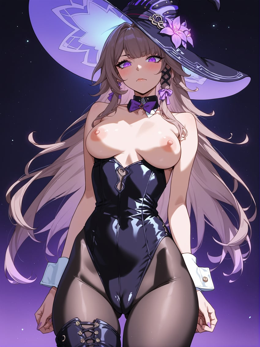 1girls ai_generated breasts_out bunnysuit cameltoe cuffs_(clothing) embarrassed herta_(honkai:_star_rail) honkai:_star_rail the_herta_(honkai:_star_rail) witch_hat