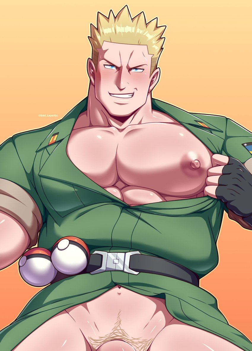 2d 2d_(artwork) belt camo_clothing camo_print cock daddy dickgirl edd_layerex erect_nipples gay lt_surge male male_focus male_only nintendo nipples older_male pecs pokeball pokemon pokemon_rgby shirt_pull