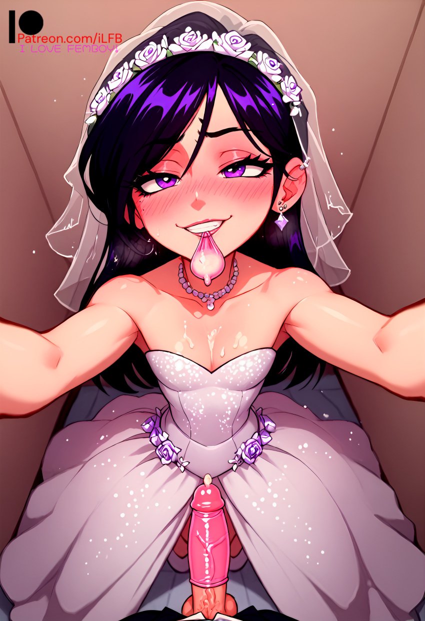 1boy 1futa ai_generated black_hair bride collar condom condom_in_mouth condom_on_penis cum_on_breasts dark_purple_hair ear_piercing earrings elevator elevator_sex faceless_male flat_chest futa futa_bride futanari horny horny_futa ilfb long_hair looking_up male_on_futa married married_couple pov_eye_contact purple_eyes purple_hair standing trap wedding_dress wedding_veil white_dress