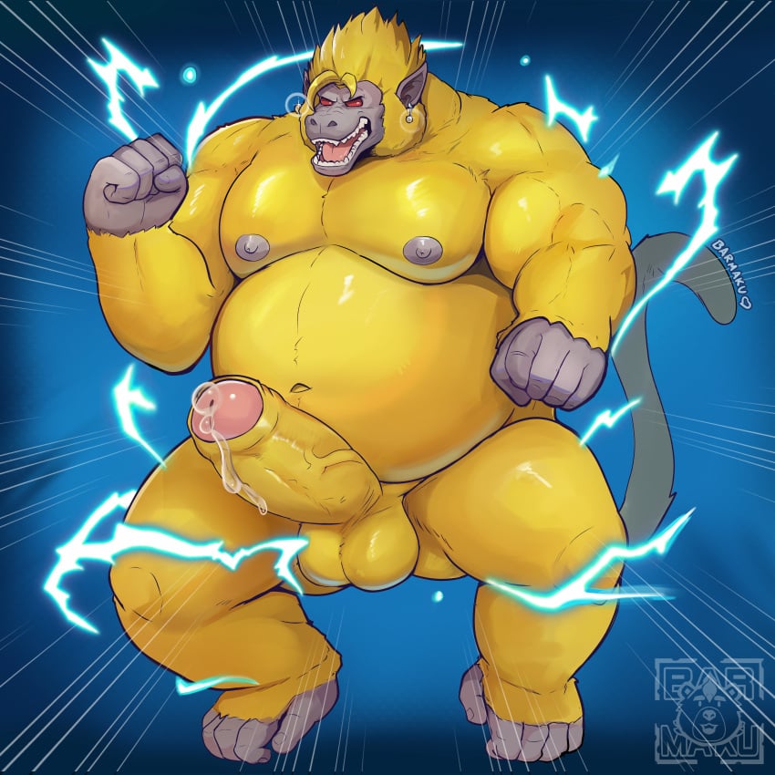 absurd_res anthro balls barmaku belly bodily_fluids dragon_ball dragon_ball_z erection fur genitals hi_res humanoid_genitalia humanoid_penis male mammal muscular muscular_male oozaru overweight overweight_male penis potara_ear_ring primate red_eyes saiyan solo vegito yellow_body yellow_fur