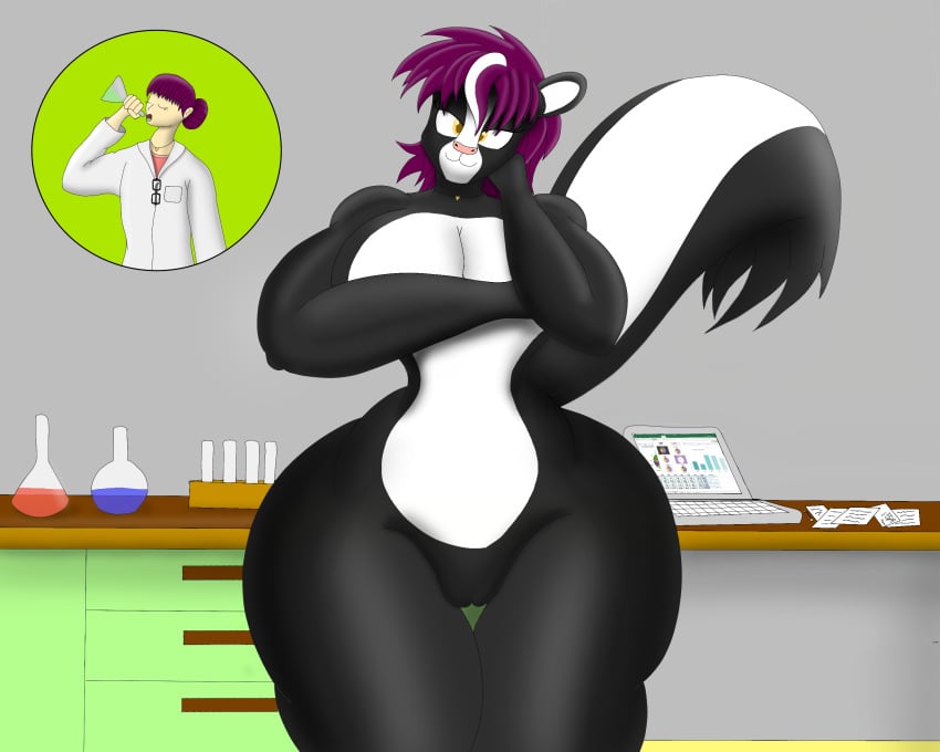 5:4 absurd_res anthro breasts clothing coat covering covering_breasts fabulousmare female genitals hair hi_res human human_to_anthro lab_coat laboratory looking_at_viewer mammal mephitid muscular muscular_female purple_hair pussy skunk solo species_transformation thick_thighs topwear transformation