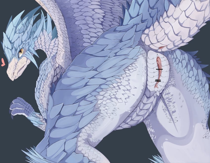 2026 4_fingers anus blue_body blue_scales butt capcom censor_bar censored claws d-crow detailed digital_drawing_(artwork) digital_media_(artwork) elder_dragon female female_feral feral finger_claws fingers genitals glistening glistening_eyes grey_background heart_symbol hi_res humanoid_genitalia humanoid_genitalia_on_feral humanoid_vulva humanoid_vulva_on_feral ineffective_censorship looking_at_viewer looking_back monster_hunter multicolored_body open_mouth portrait presenting presenting_anus presenting_hindquarters presenting_vulva pupils raised_tail scales shaded sharp_teeth simple_background solo tail tail_anus teeth three-quarter_portrait velkhana vulva white_body white_sclera wings yellow_eyes