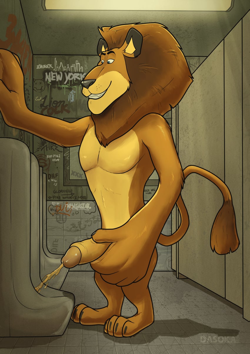 1boy 2025 absurd_res alex_(madagascar) anthro bathroom black_nose blue_eyes bodily_fluids dasoka dreamworks english_text fangs felid genital_fluids genitals graffiti graffiti_on_wall hi_res lion madagascar_(series) male mammal pantherine peeing peeing_in_urinal penis public_restroom restroom_stall solo teeth text toothy_smile urinal urine