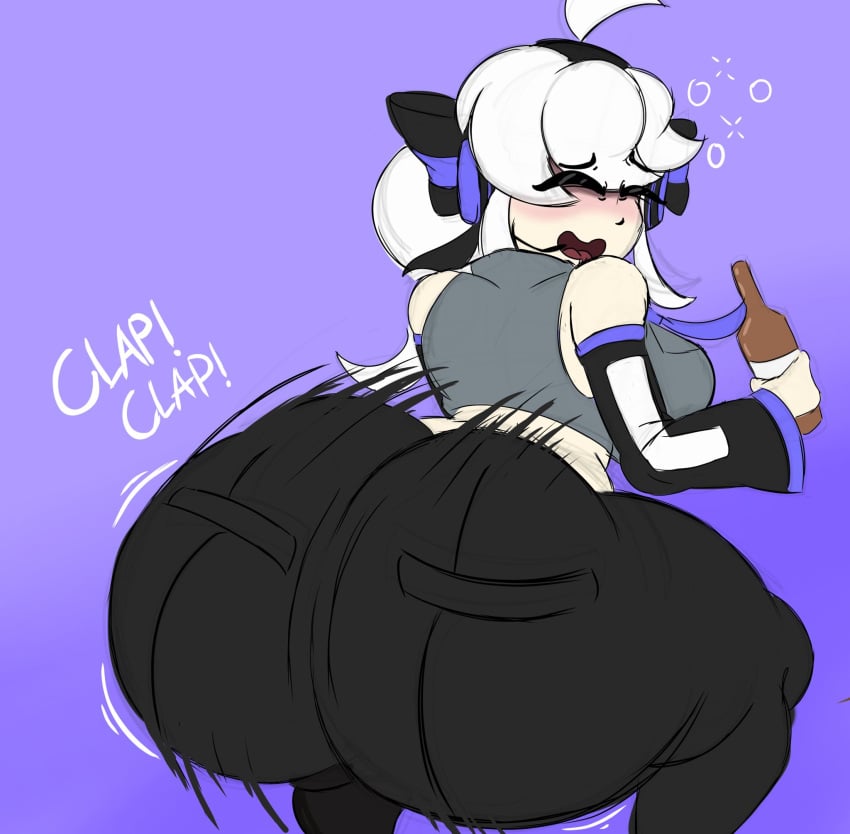 1girls ahoge ass ass_focus back_view big_ass blush bottle bubble drunk drunk_bubble fanloid female fully_clothed headphones hiccuping holding_object onomatopoeia ribbon simple_background solo text twerk twerking vocaloid white_hair yowane_haku