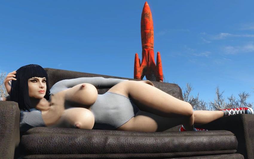 1girls 3d bethesda_softworks big_breasts black_hair breasts clothing couch fallout fallout_4 female female_only human laying leotard nipples pose shoes short_hair thicc_doll_(wm_doll) wm_doll