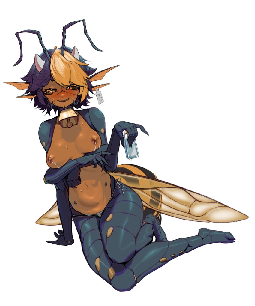 1girls 4_arms antennae_(anatomy) arthropod_abdomen avispa_nectarinia bikini_bottom black_sclera blush chitin cow_print_bikini cowbell dark-skinned_female holding_bottle horns indie_virtual_youtuber insect_girl insect_wings lactating lactating_nipples lactation leaning_on_hand lying sedua_weynn side-tie_bikini sole_female solo_female topless virtual_youtuber vtuber wasp_girl