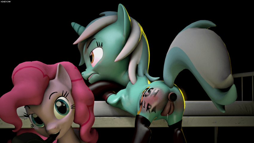 3d 3rd_party_watermark animated buttplug ejaculation equine fishimira friendship_is_magic frying_pan lyra_heartstrings_(mlp) my_little_pony orgasm pinkie_pie_(mlp) pussy_ejaculation pussy_juice sex_toy source_filmmaker spanking straight_hair watermark