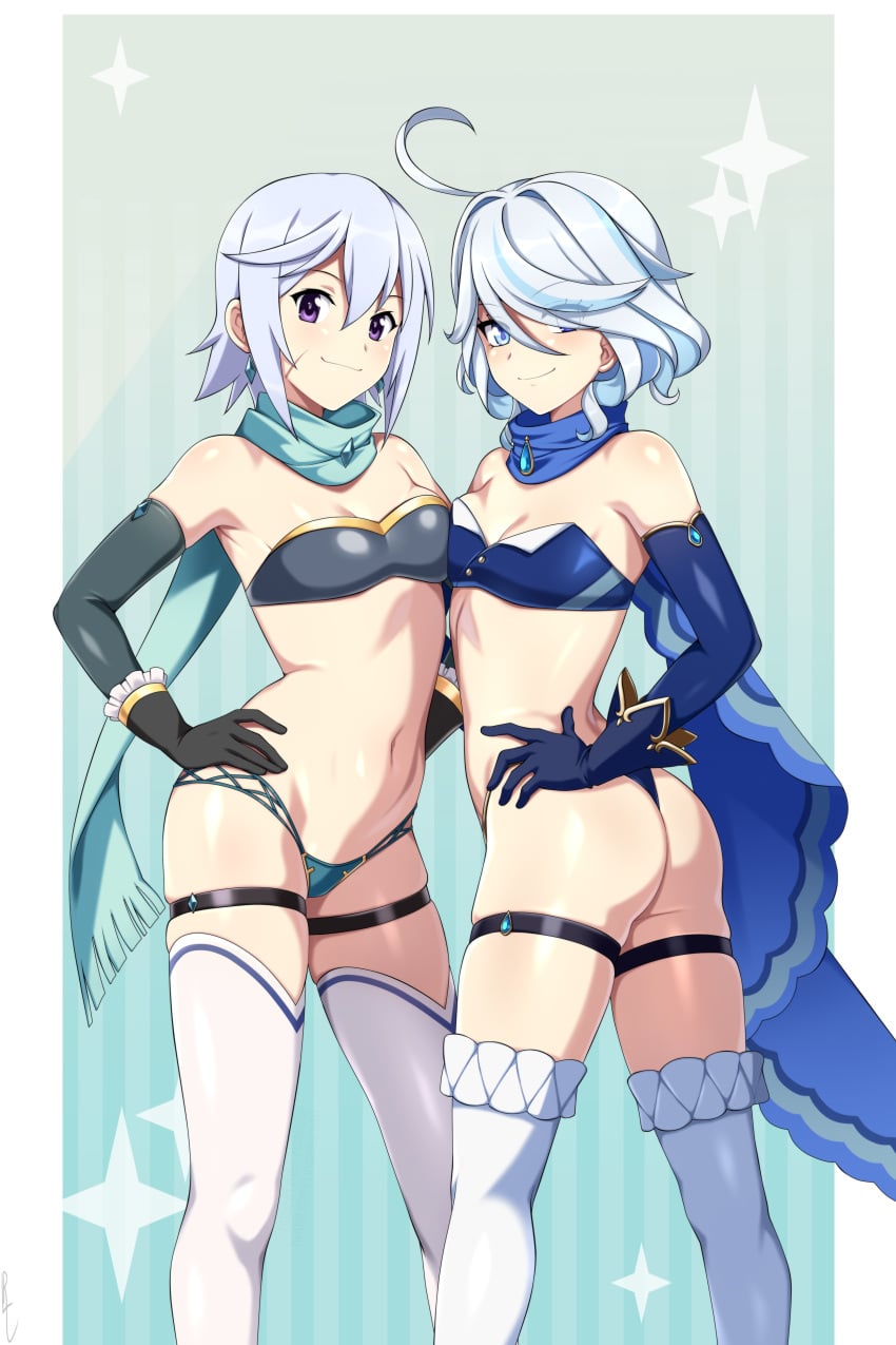 2girls character_request chris_(konosuba) furina_(genshin_impact) genshin_impact kono_subarashii_sekai_ni_shukufuku_wo! lindaroze panties skimpy_clothes small_breasts tagme white_hair