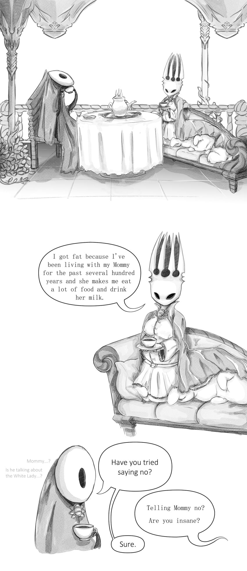 1_eye 2026 3_panel_comic 6_legs 7_horns absurd_res ambiguous_gender anthro arthropod arthropod_abdomen arthropod_abdomen_genitalia arthropod_abdomen_vulva arthropod_taur belly belly_overhang belly_squish belt belt_buckle beverage black_body black_eyes black_head bottomless bottomless_taur bottomwear breast_squish breasts broach_(jewelry) buckle button_(fastener) chair clothed clothed_anthro clothed_taur clothing column confusion container cup digital_media_(artwork) drinking drinking_tea dual-screens duo fainting_couch female fence floor furniture genitals grey_clothing grey_robe greyscale hi_res holding_container holding_cup holding_object holding_tea_cup hollow_knight_(franchise) horn humor insect insect_taur lace lounging lurien_(hollow_knight) male_(lore) mask mommy_kink monochrome multi_horn nipple_outline on_chair on_pillow overweight overweight_female overweight_taur pale_king_(hollow_knight) pillar pillow pinup plant pleated_skirt popped_collar pose robe saucer serving_tray shaded shrub simple_background sitting skirt sofa squish straining_buttons straining_clothing tablecloth tail tail_squish taur tea tea_cup team_cherry teapot thick_tail tile tile_floor vines vulva wearing_mask white_background white_body white_bottomwear white_clothing white_head white_mask white_pillow white_skirt white_sofa