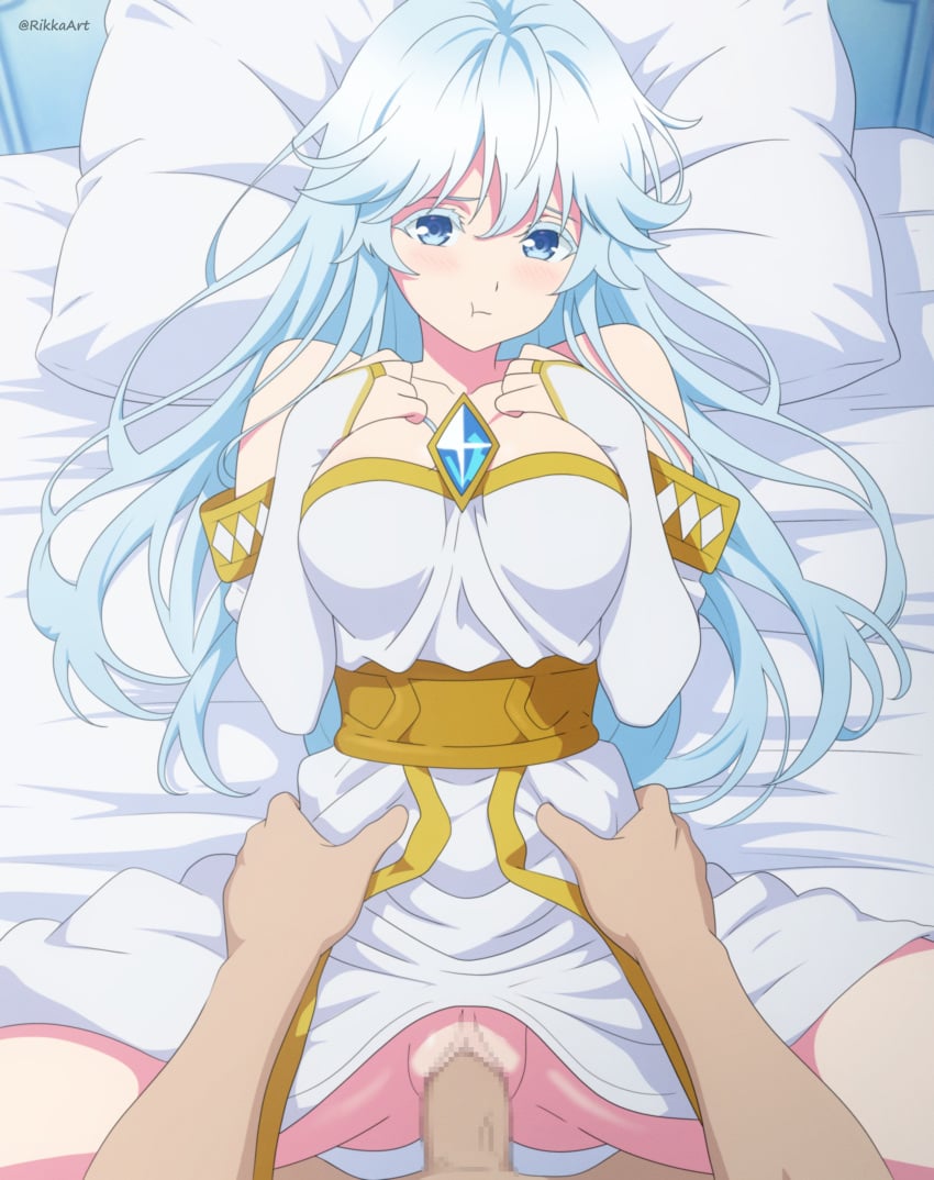 1boy 1girl :t absurdres artist_name ass_visible_through_thighs blue_eyes blue_hair blush breasts bridal_gauntlets censored clothed_female_nude_male colored_eyelashes commentary_request dress elbow_gloves elfaria_alvis_serfort furrowed_brow gloves hands_up hetero highres large_breasts looking_at_viewer lying mosaic_censoring nude on_back on_bed paid_reward_available pillow pout pussy rikka_(rikkaarts) sex spread_legs thighs tsue_to_tsurugi_no_wistoria twitter_username vaginal white_dress