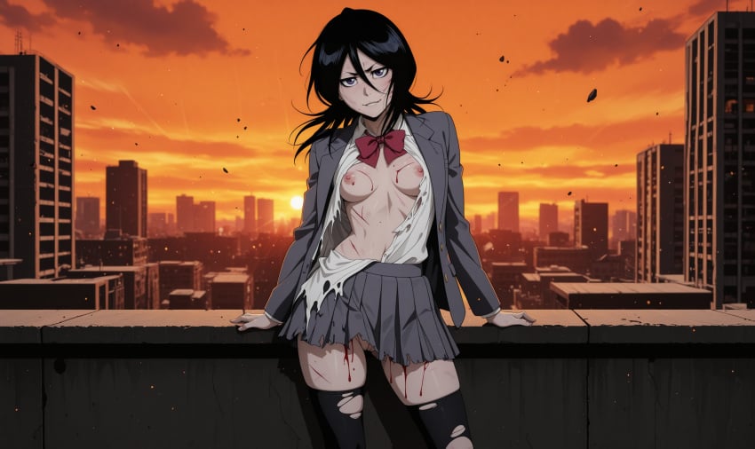 1girls ai_generated areolae battle_damage bleach blood breasts female female_only medium_breasts nipples pussy ripped_clothing rukia_kuchiki school_uniform scratches solo solo_female tagme torn_clothes torn_clothing