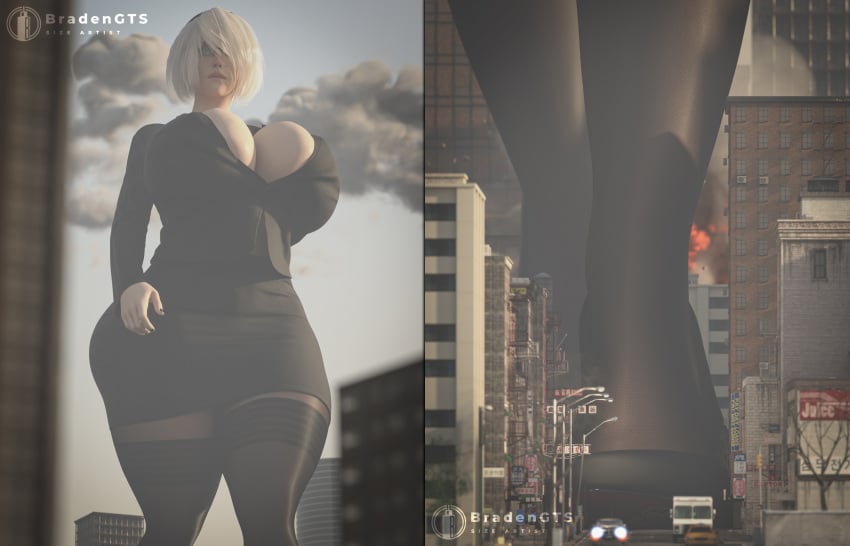 1girls 3d big_breasts bradengts breasts city clothing female female_only giantess glasses huge_breasts light-skinned_female light_skin macro nier nier:_automata office_lady short_hair solo thick thighhighs white_hair yorha_2b