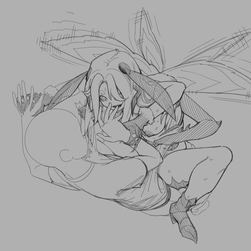 1boy 1girls 4_arms ambiguous_penetration antennae_(anatomy) arm_grab bald_guy breasts breasts_out chitin completely_nude_female girl_on_top holding_hands indie_virtual_youtuber insect_girl insect_wings lyra_calyptra monochrome moth_girl ripped_clothing ripping_clothing sedua_weynn sex virtual_youtuber vtuber