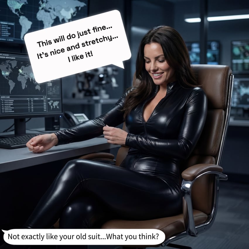 ai_generated beauty beautyful black_clothes black_clothing bodysuit bree_davenport brunette catsuit chair confident dark_eyes dark_hair davenport interview latex latex_clothing leather_gloves looking_at_viewer medium_breasts office old_version older_version perfect_skin photo_shoot simple_background sitting sitting_on_chair spandex speech_bubble staring staring_at_viewer stretching_clothes stretchy stretchy_fabric talking talking_to_viewer tight_clothes tight_clothing