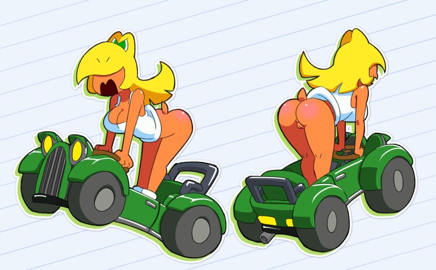 1girl ass bare_shoulders bent_over blonde_hair bottomless breasts car cleavage clothes_lift driving female_focus furry green_eyes ground_vehicle hair_over_eyes highres huge_ass kart koopa koopa_girl large_breasts long_hair mario_(series) mario_kart mario_kart_world minus8 motor_vehicle narrowed_eyes nintendo open_mouth pussy shirt shirt_lift shoes short_tail shorts simple_background sleeveless smile solo spread_legs tail tank_top vehicle white_background