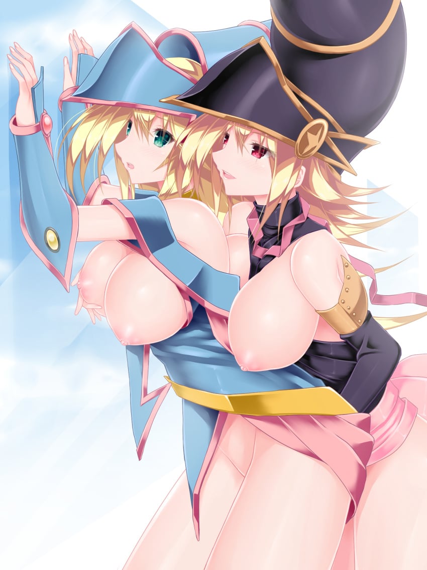 2girls against_wall aqua_eyes blonde_hair breast_grab breasts calcio dark_magician_girl detached_sleeves duel_monster gagaga_girl grabbing hat highres huge_breasts multiple_girls nipples open_mouth purple_eyes wizard_hat yu-gi-oh! yuri