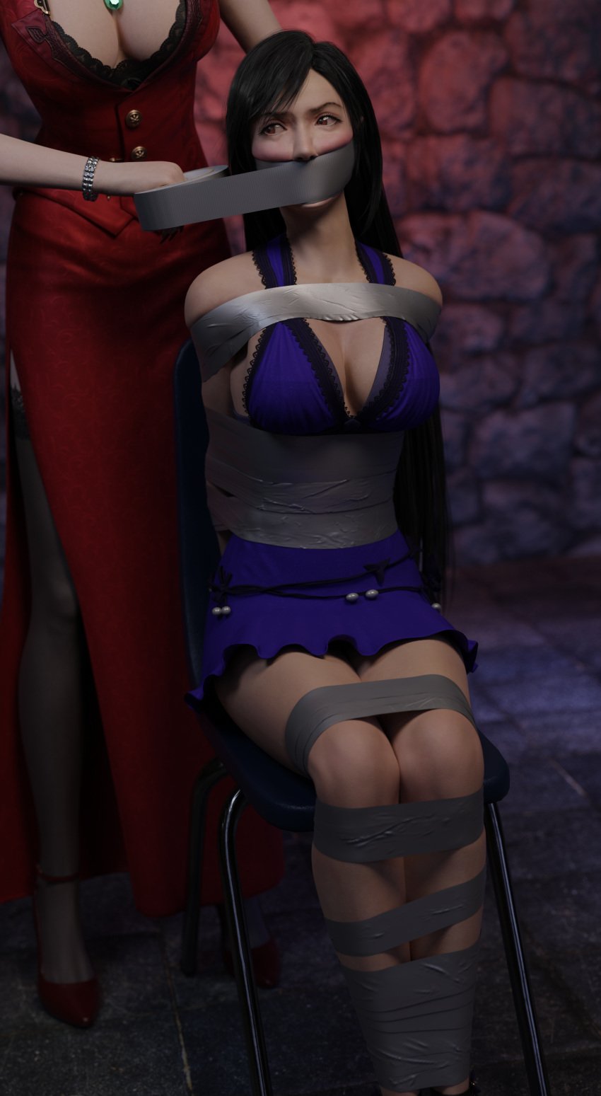 2girls 3d black_hair bondage bound bound_arms bound_legs clothed_bondage female female_only final_fantasy final_fantasy_vii final_fantasy_vii_remake fully_clothed fully_clothed_female gag gagged lord_kamski scarlet_(ffvii) tape_gag tifa_lockhart yuri