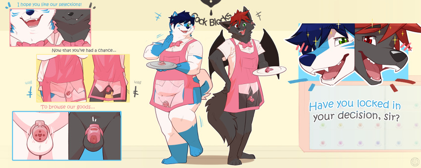 anthro apron bow_tie canid canine canis chastity_cage chastity_device chubby_male clothing domestic_dog dragon duo genitals hi_res husky hybrid male male/male mammal nordic_sled_dog on_display penis sales_pitch small_penis spitz wintie wolf yuniwolfsky